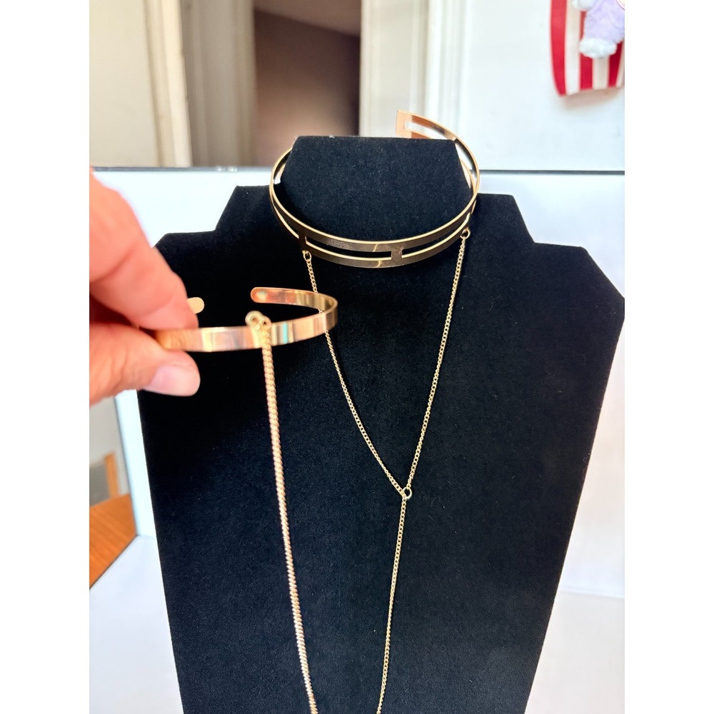 Gold Tone Arm Cuff with Chain Attached to Bracelet Set Resizable Adjustable